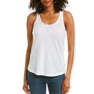 Elan Women's Size S Round Neck Tank Top Round Hem Neckline Golden Strips White